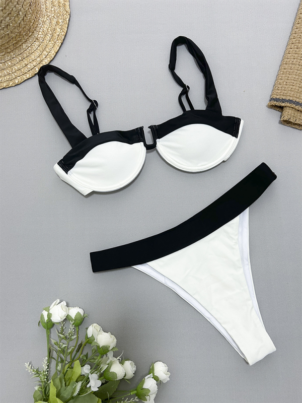 Black & White Two-Piece Swimsuit – Sexy Gathered Top & Mid-Rise Bottoms