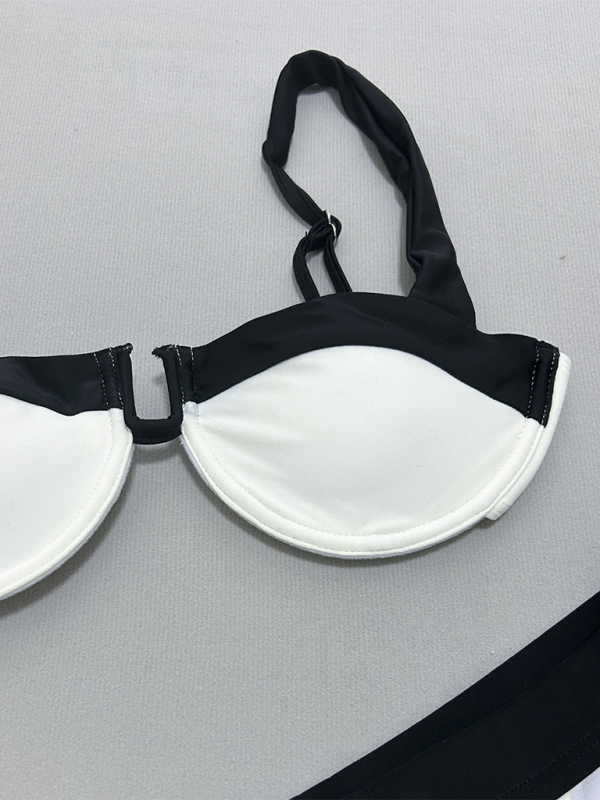 Black & White Two-Piece Swimsuit – Sexy Gathered Top & Mid-Rise Bottoms