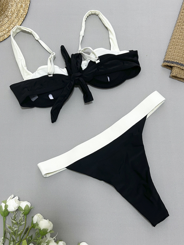 Black & White Two-Piece Swimsuit – Sexy Gathered Top & Mid-Rise Bottoms