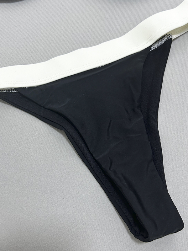 Black & White Two-Piece Swimsuit – Sexy Gathered Top & Mid-Rise Bottoms