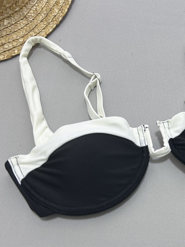 Black & White Two-Piece Swimsuit – Sexy Gathered Top & Mid-Rise Bottoms