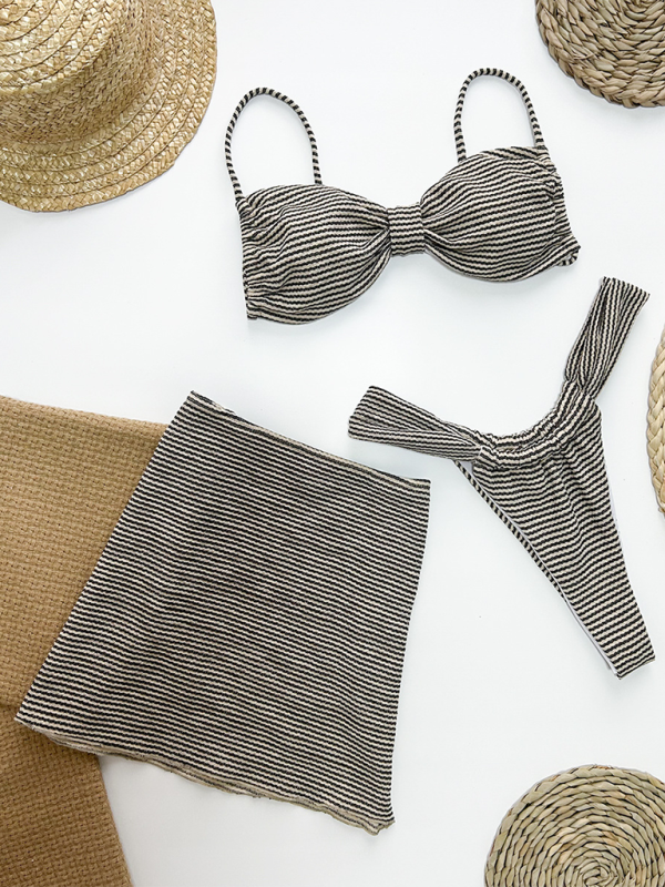 Leopard Print Striped Three-Piece Bikini Set – Khaki, Sexy Knit Design