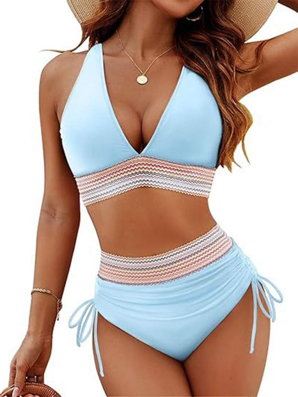 Leopard Print V-Neck Bikini – High-Waisted Two-Piece with Tie Front