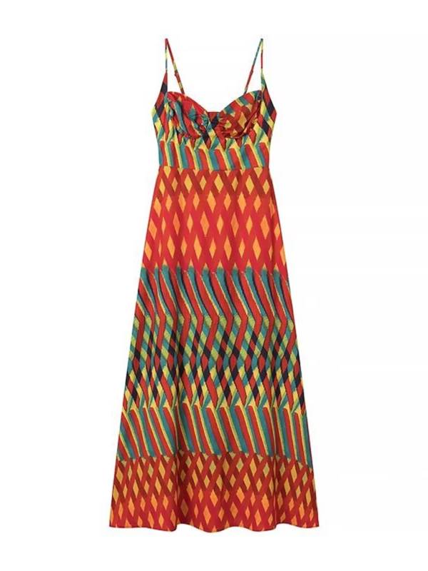 Red Printed Suspender Maxi Dress – Woven Polyester, Sexy Vacation Style