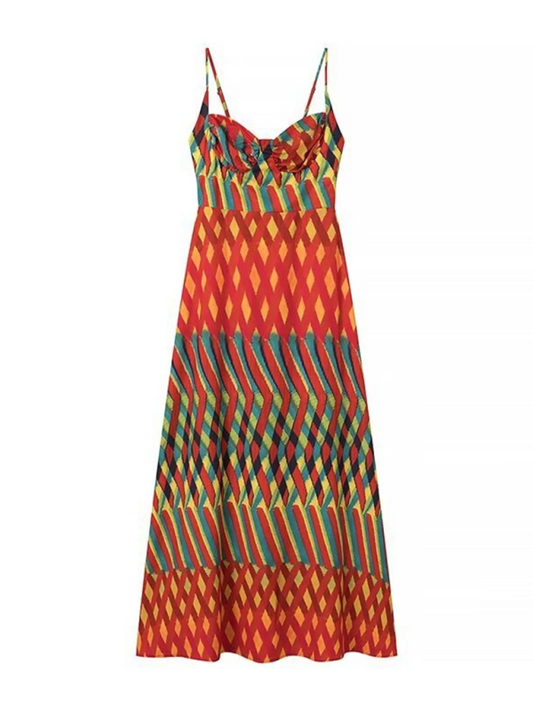 Red Printed Suspender Maxi Dress – Woven Polyester, Sexy Vacation Style