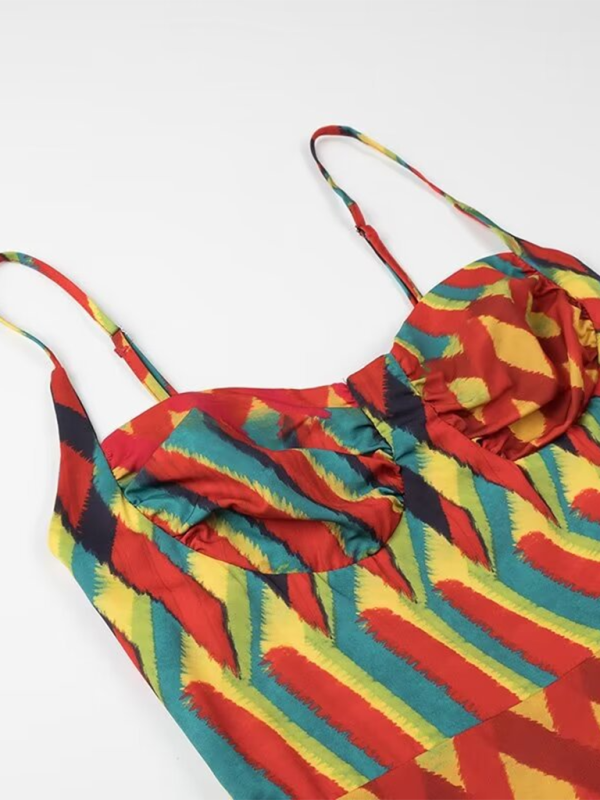 Red Printed Suspender Maxi Dress – Woven Polyester, Sexy Vacation Style