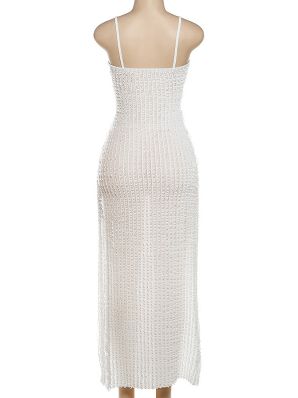 Leg-Lengthening Slit Suspender Dress – Low-Cut Slim Fit in White or Black