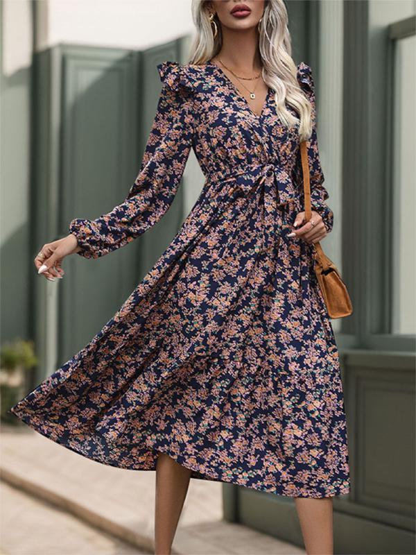 Retro Ruffled Long Sleeve V-Neck Dress – Full Print, Autumn-Winter Style