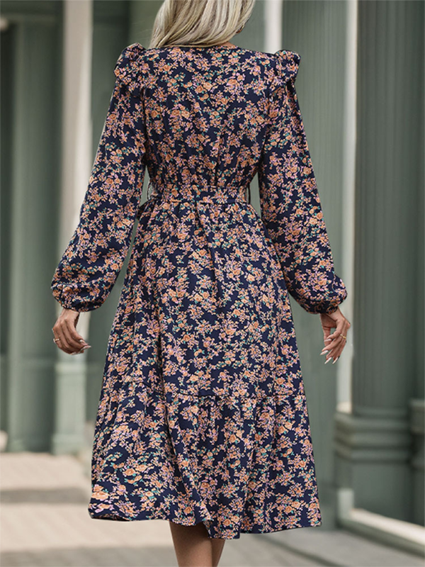 Retro Ruffled Long Sleeve V-Neck Dress – Full Print, Autumn-Winter Style