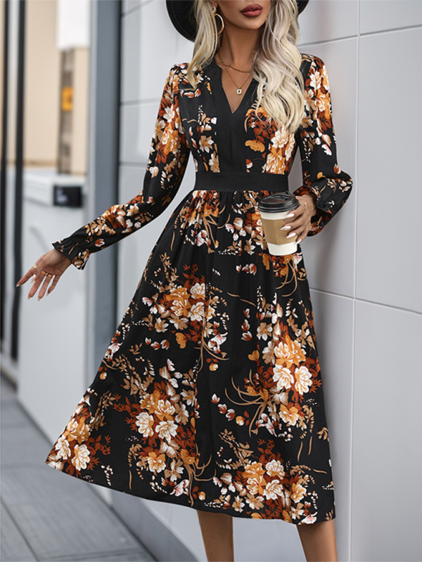 Retro Printed V-Neck Midi Dress – Autumn-Winter Style in Black