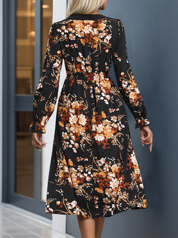 Retro Printed V-Neck Midi Dress – Autumn-Winter Style in Black