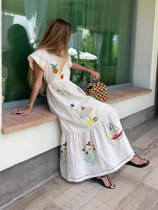 White Printed Short Sleeve Maxi Dress – Vacation Style, No Stretch