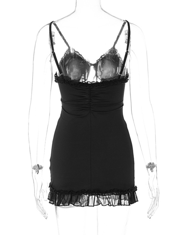 Elegant Ruffled Lace Hollow Bodycon Dress