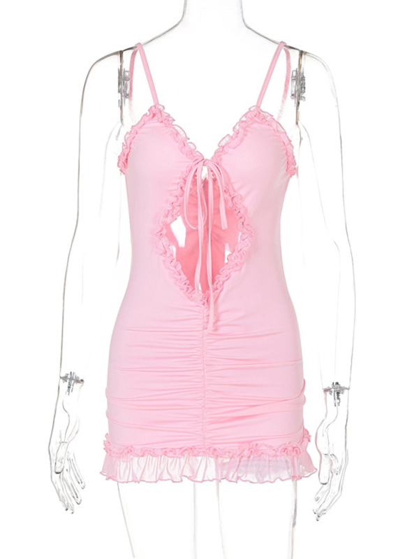 Elegant Ruffled Lace Hollow Bodycon Dress