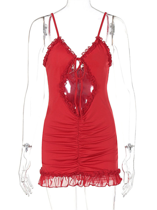 Elegant Ruffled Lace Hollow Bodycon Dress