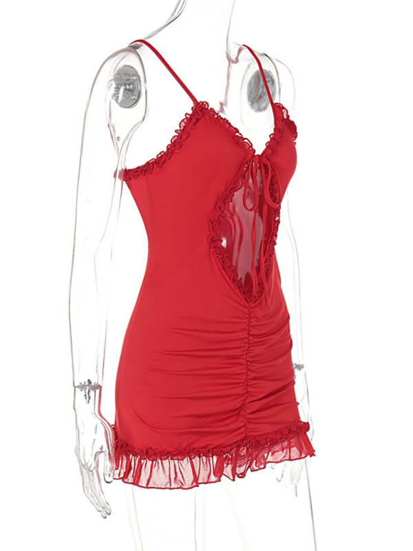 Elegant Ruffled Lace Hollow Bodycon Dress