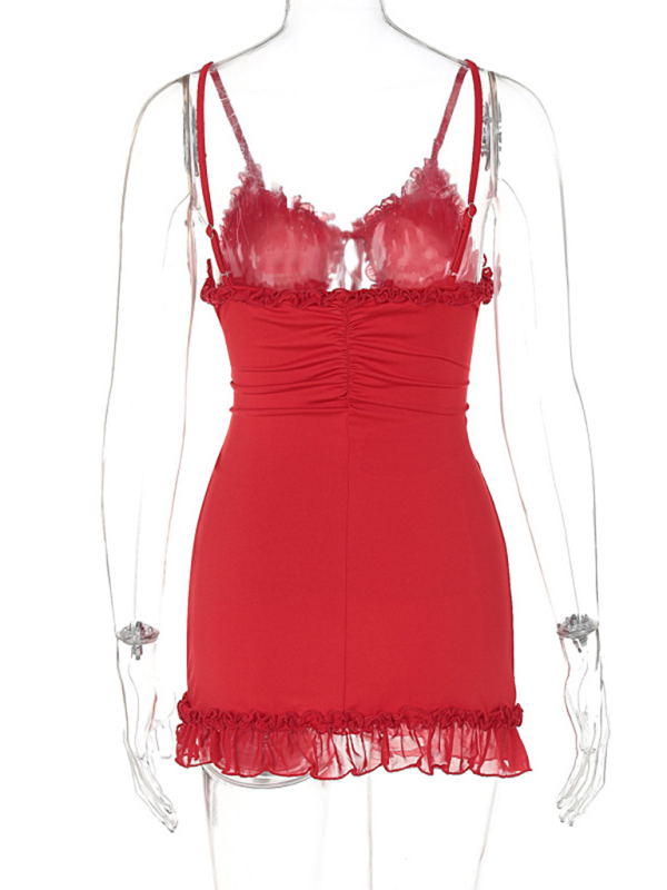 Elegant Ruffled Lace Hollow Bodycon Dress