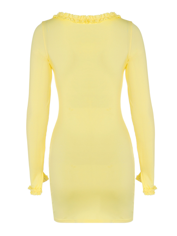 Yellow Hollow Lace Bodycon Dress – Navel Cutout Knit Midi for Autumn