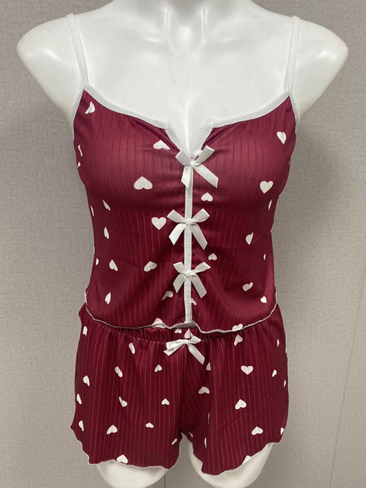 Heart Print Colorblock Front-Split Sling Pajama Set – Soft Knit Loungewear