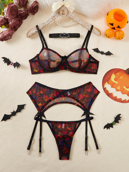 Set di lingerie Halloween con stampa teschio, 4 pezzi