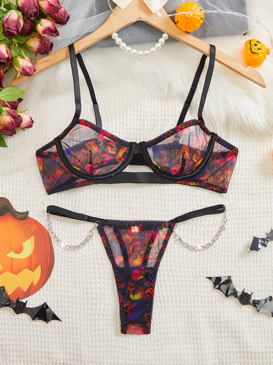 Skull Print Thong Lingerie Set – Sexy Halloween Bra & Panty