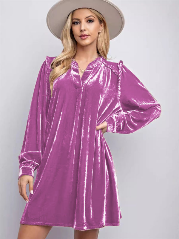 Velvet Knee-Length V-Neck Dress – Casual Straight Cut for Autumn & Winter