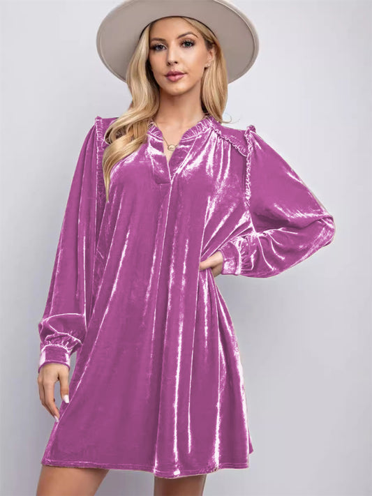 Velvet Knee-Length V-Neck Dress – Casual Straight Cut for Autumn & Winter