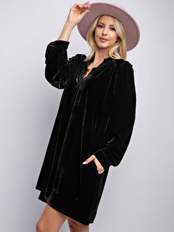 Velvet Knee-Length V-Neck Dress – Casual Straight Cut for Autumn & Winter