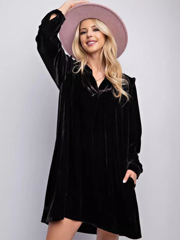Velvet Knee-Length V-Neck Dress – Casual Straight Cut for Autumn & Winter