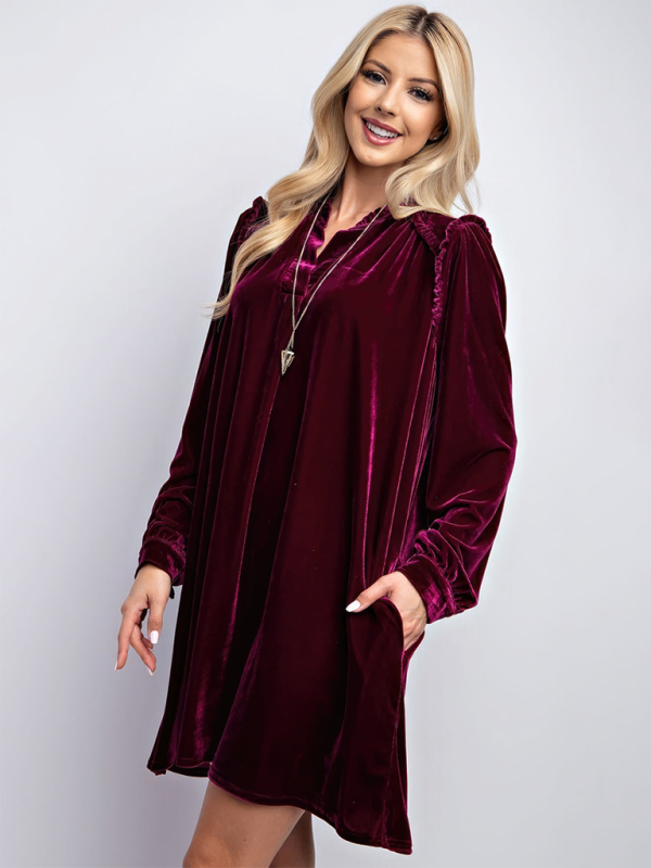 Velvet Knee-Length V-Neck Dress – Casual Straight Cut for Autumn & Winter