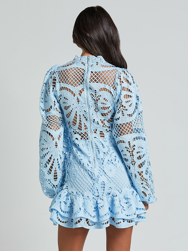 Elegant Lace A-Line Mini Dress with Lantern Sleeves & Ruffle Trim