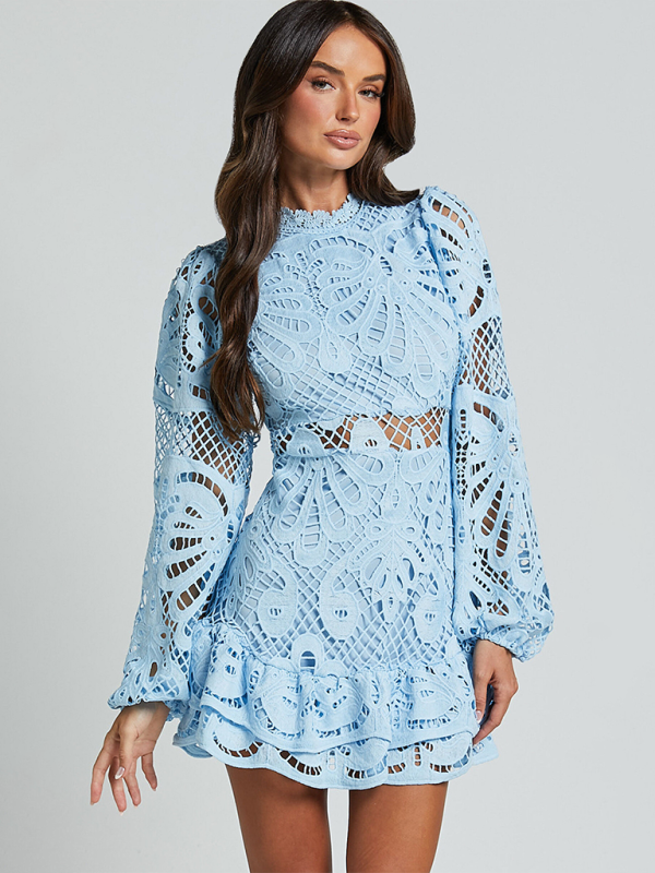 Elegant Lace A-Line Mini Dress with Lantern Sleeves & Ruffle Trim