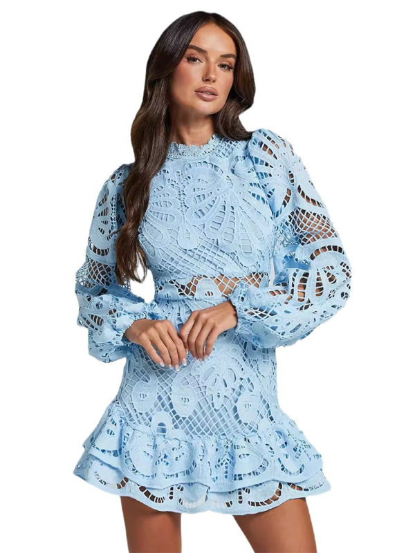 Elegant Lace A-Line Mini Dress with Lantern Sleeves & Ruffle Trim