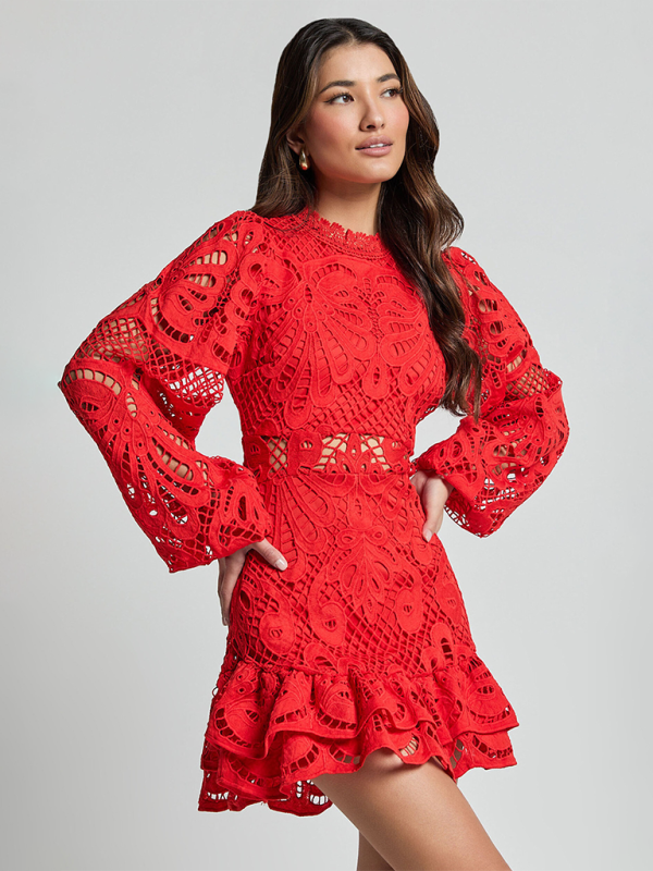 Elegant Lace A-Line Mini Dress with Lantern Sleeves & Ruffle Trim