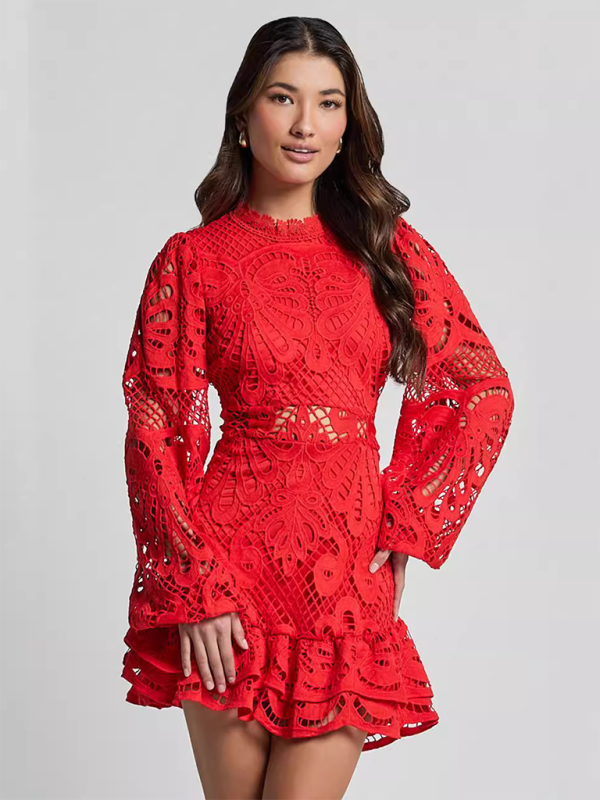 Elegant Lace A-Line Mini Dress with Lantern Sleeves & Ruffle Trim