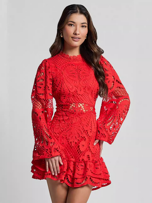 Elegant Lace A-Line Mini Dress with Lantern Sleeves & Ruffle Trim