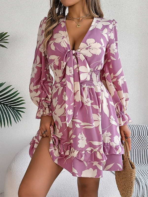 Floral Lace-Up A-Line Dress – Long Sleeves, Ruffle Trim, Autumn-Ready