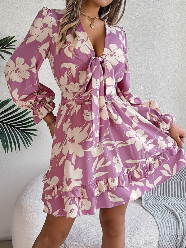 Floral Lace-Up A-Line Dress – Long Sleeves, Ruffle Trim, Autumn-Ready