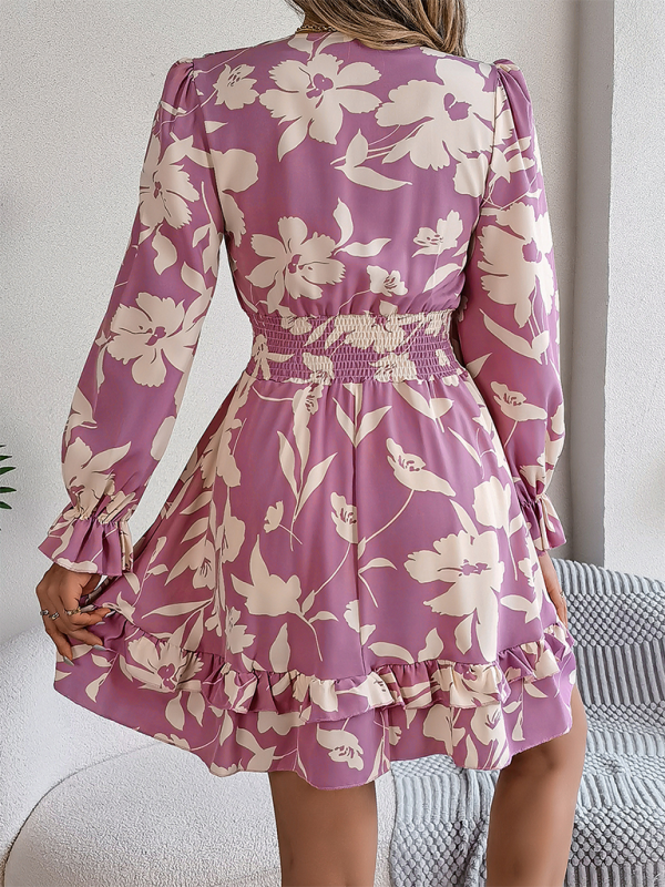 Floral Lace-Up A-Line Dress – Long Sleeves, Ruffle Trim, Autumn-Ready