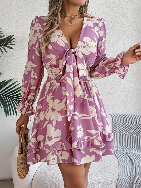 Floral Lace-Up A-Line Dress – Long Sleeves, Ruffle Trim, Autumn-Ready