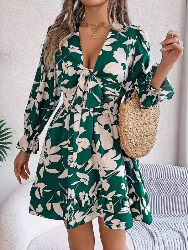 Floral Lace-Up A-Line Dress – Long Sleeves, Ruffle Trim, Autumn-Ready