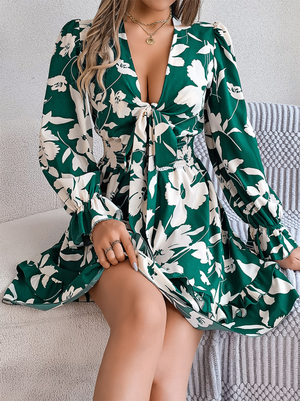 Floral Lace-Up A-Line Dress – Long Sleeves, Ruffle Trim, Autumn-Ready