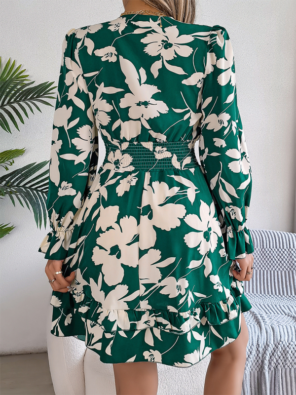 Floral Lace-Up A-Line Dress – Long Sleeves, Ruffle Trim, Autumn-Ready