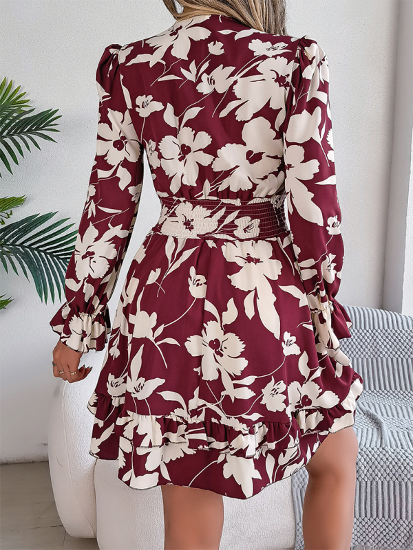 Floral Lace-Up A-Line Dress – Long Sleeves, Ruffle Trim, Autumn-Ready