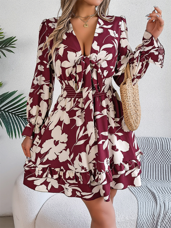 Floral Lace-Up A-Line Dress – Long Sleeves, Ruffle Trim, Autumn-Ready