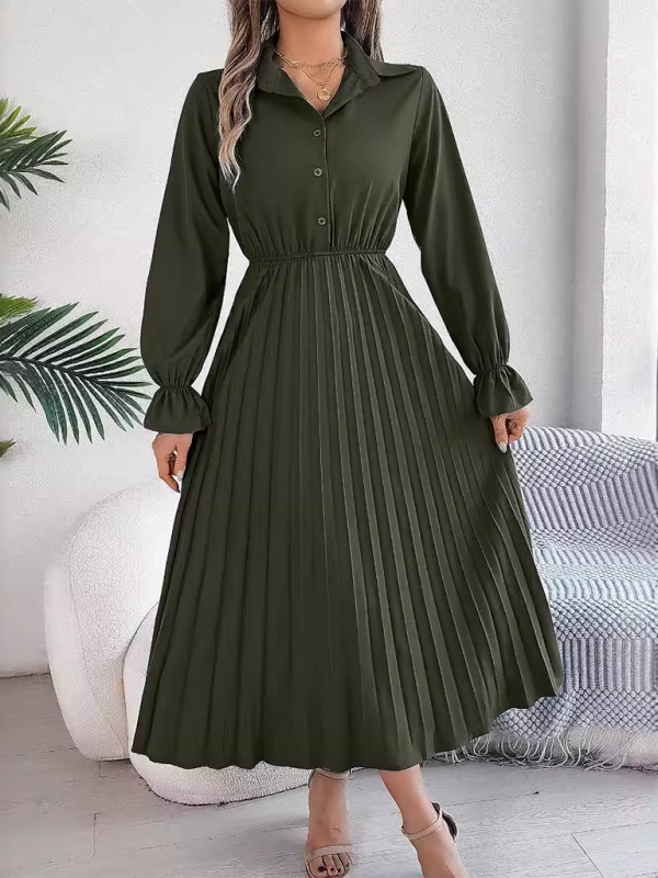 Pleated Long-Sleeve Lapel Dress – Button Down & Waist-Defined Fit
