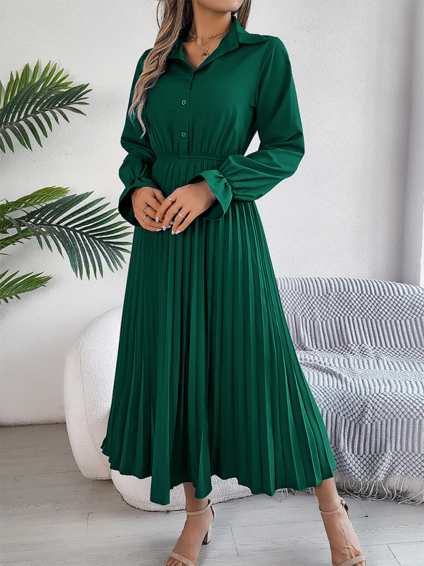 Pleated Long-Sleeve Lapel Dress – Button Down & Waist-Defined Fit
