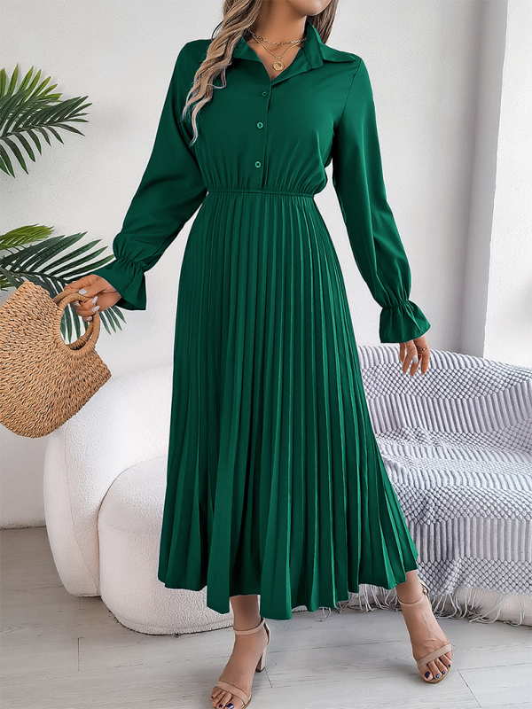 Pleated Long-Sleeve Lapel Dress – Button Down & Waist-Defined Fit