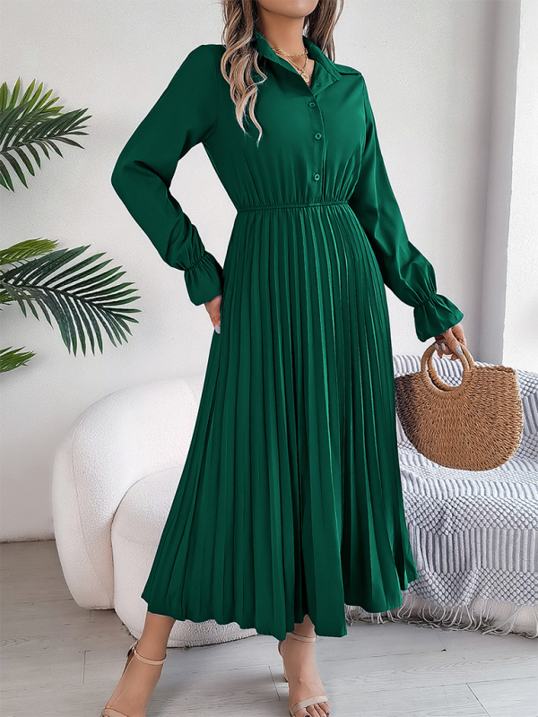 Pleated Long-Sleeve Lapel Dress – Button Down & Waist-Defined Fit