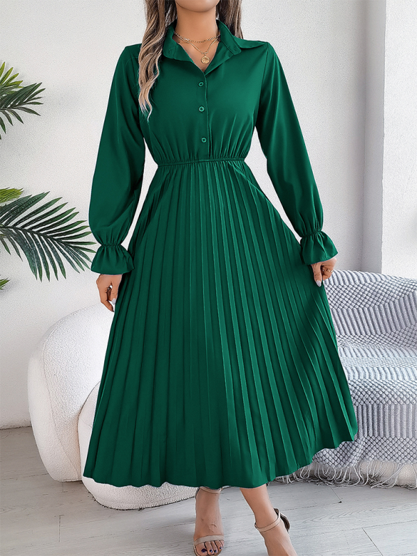 Pleated Long-Sleeve Lapel Dress – Button Down & Waist-Defined Fit